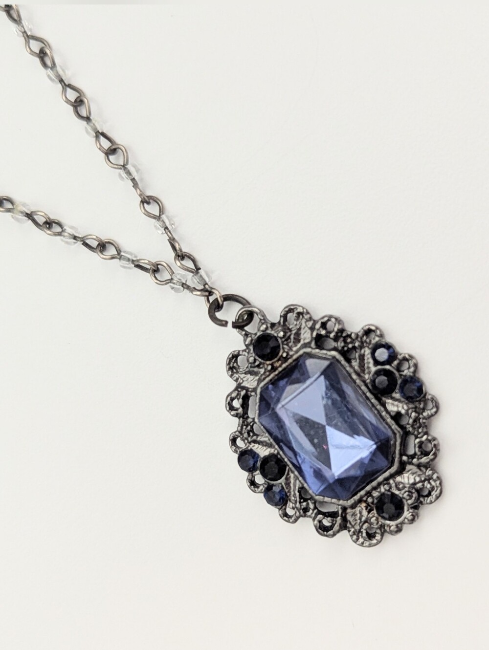 Vintage Victorian Inspired Dark Silver-Tone Pendant Necklace w/Blue Stones